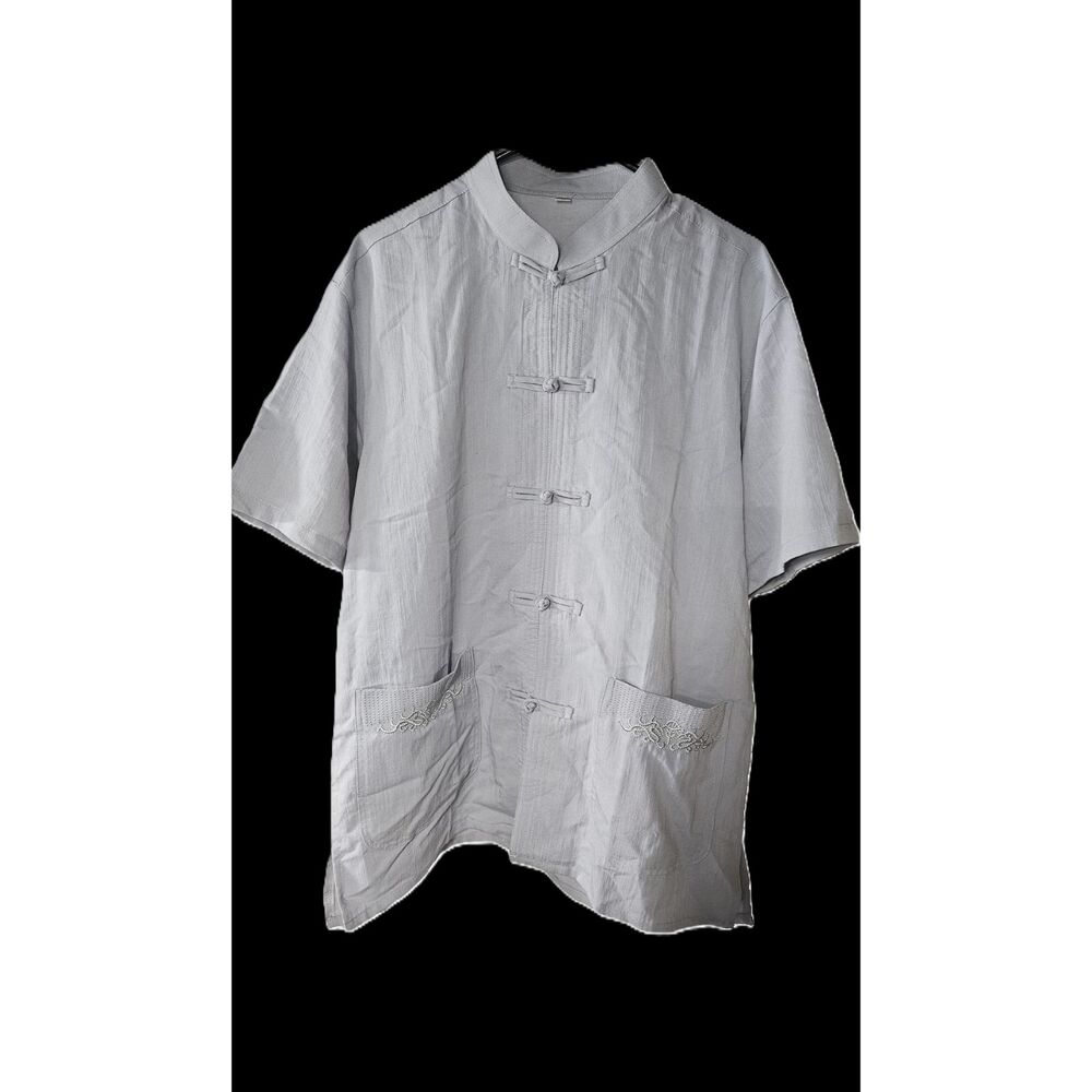 Vintage Chinese Tang Style Shirt Jacket Size 40 Gray Frog Closure Embroidered